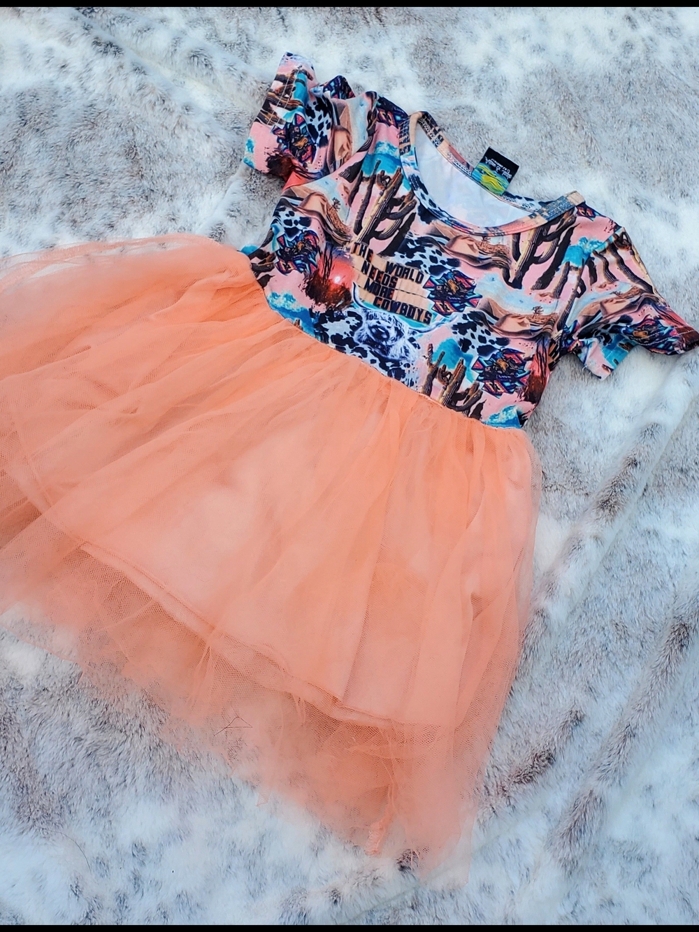 Punchy Peach Tulle Toddler Dress with Western Patterned Bodice 2T